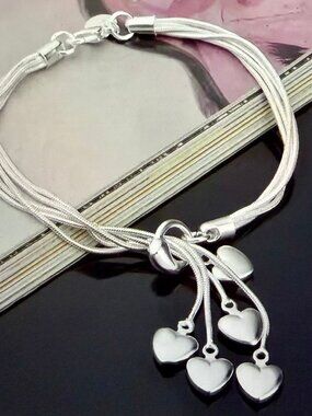 NEW Sterling Silver Tassel Heart Charm Bracelet Resizable Adjustable
